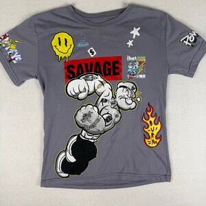 Popeye the Sailor Man Savage Vibes Graphic Tee Grey Kids Large Streetwear TShirt